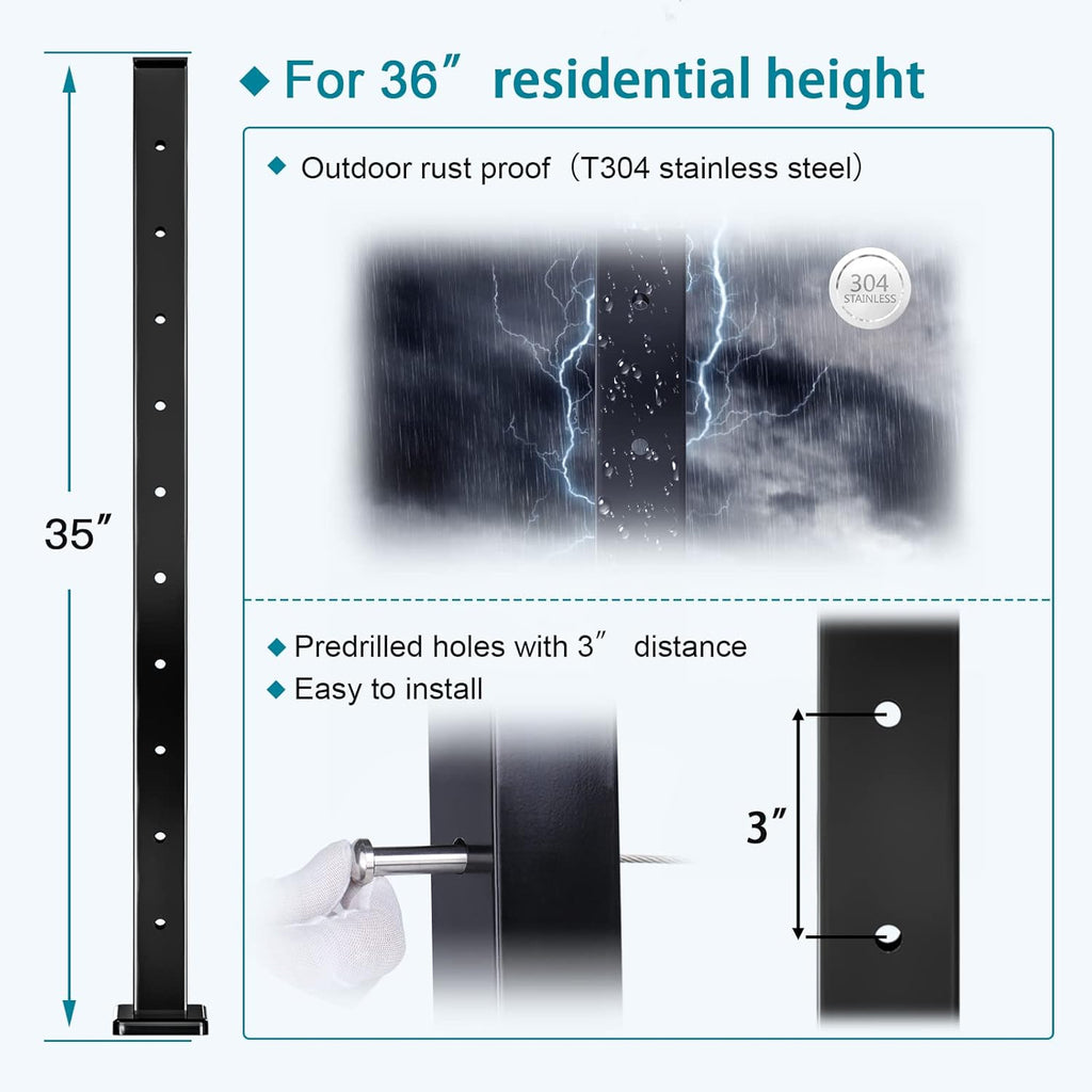 4 Pack Black Square Stainless Steel Cable Railing Post A5768