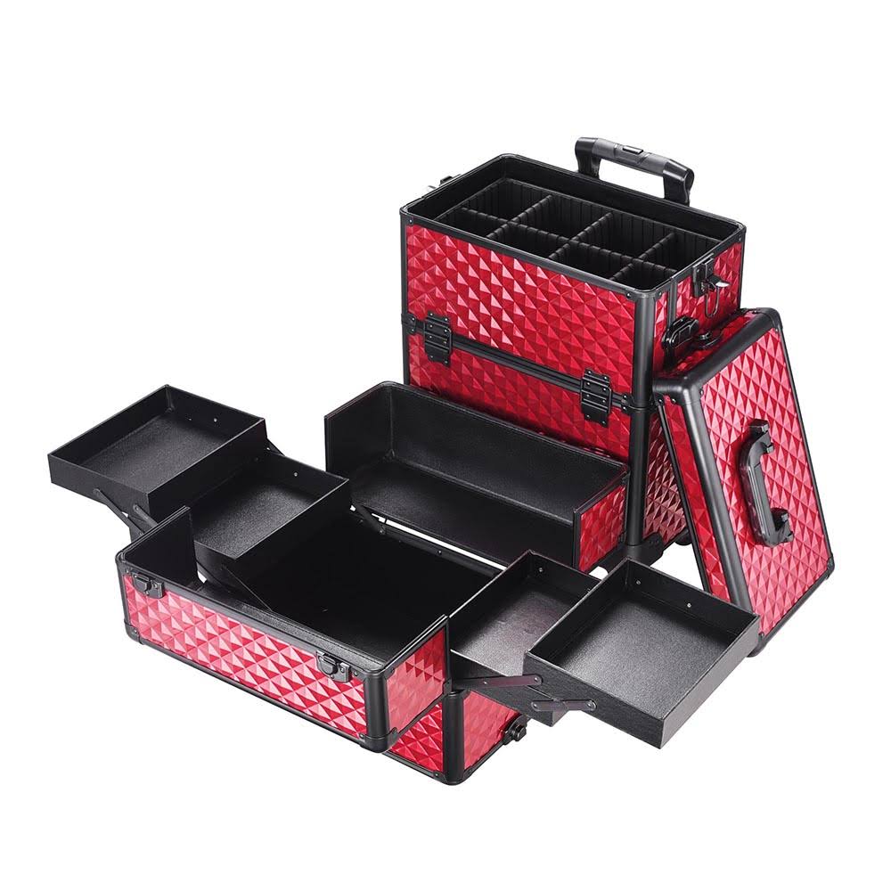 Rolling Aluminum Makeup Train Case 2in1 4Wheel Red Y922064