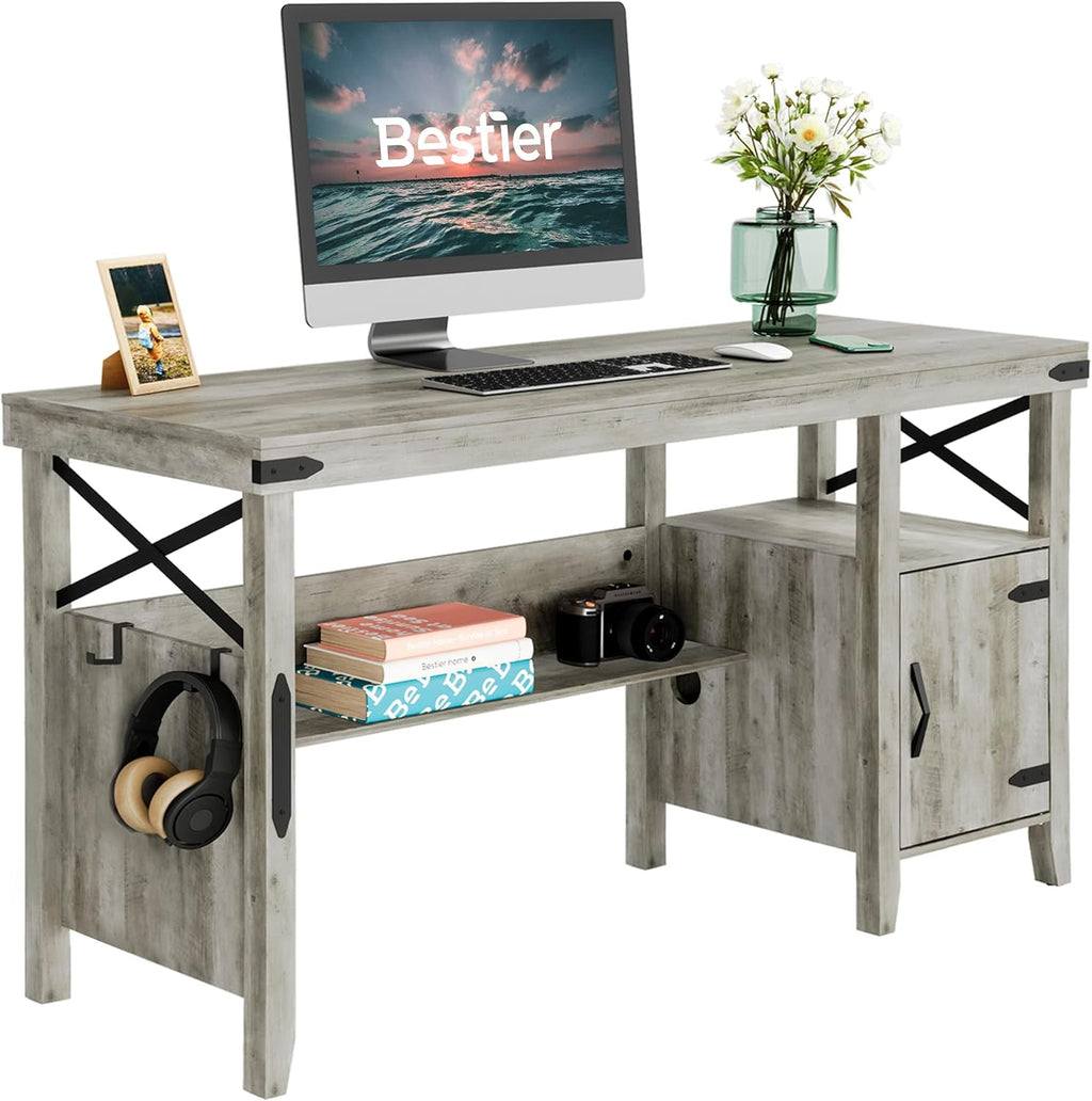 55 Inch White Computer Desk with Storage Cabinet L788