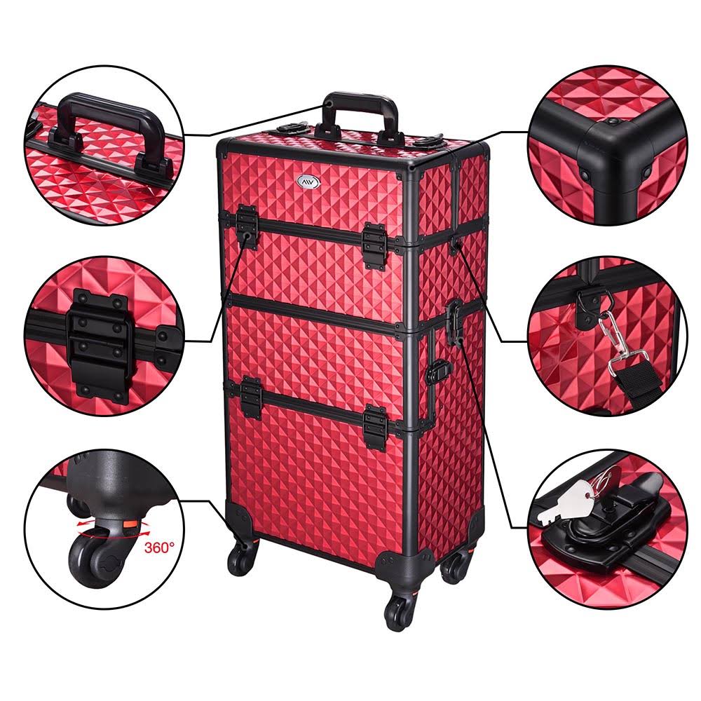 Rolling Aluminum Makeup Train Case 2in1 4Wheel Red Y922064