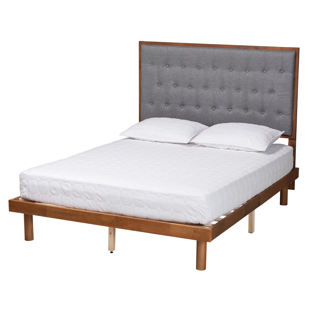 Grey Fabric Walnut Brown Wood King Size Platform Bed P82922