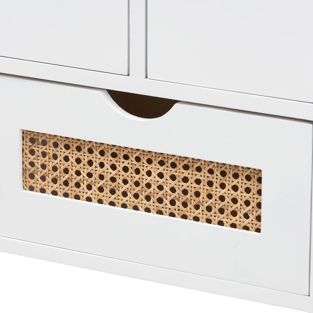 Light Beige Fabric White Wood 3-Drawer Storage Bench with Natural Rattan M8524