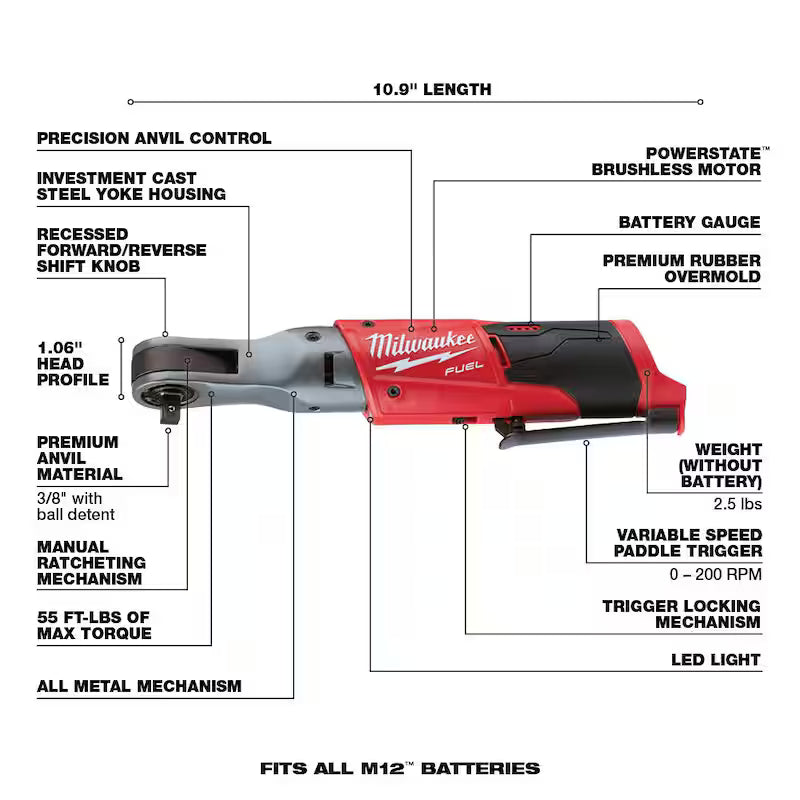 12V Cordless Brushless Ratchet with Two 3.0 Ah Batteries A8903