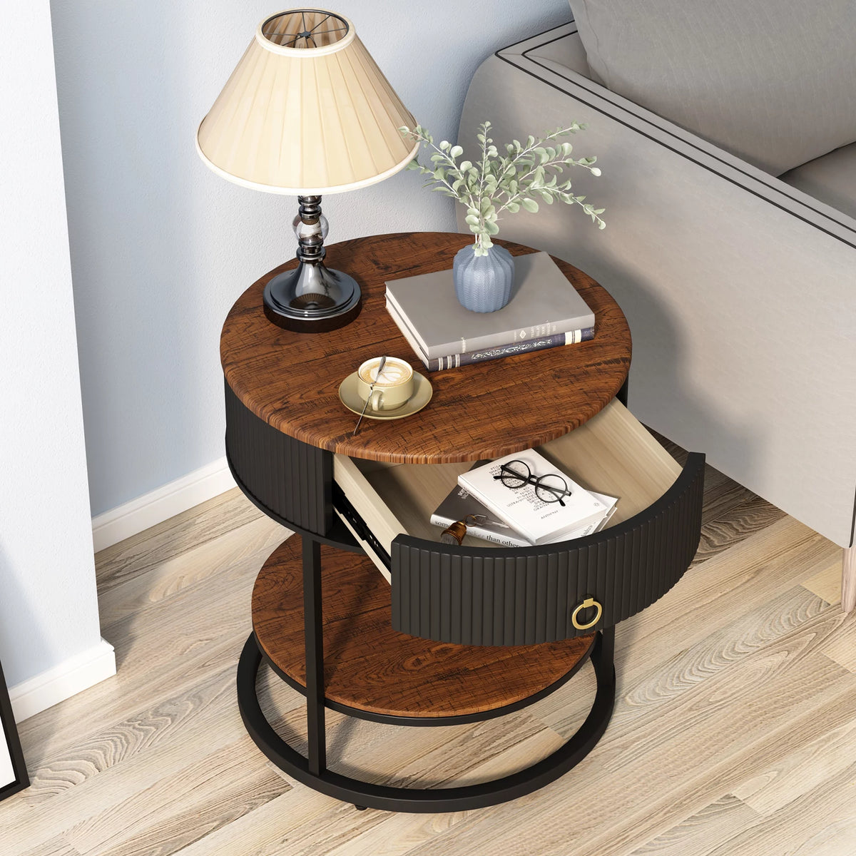 Black Metal 2-Tier Round End Table with Drawer B53579