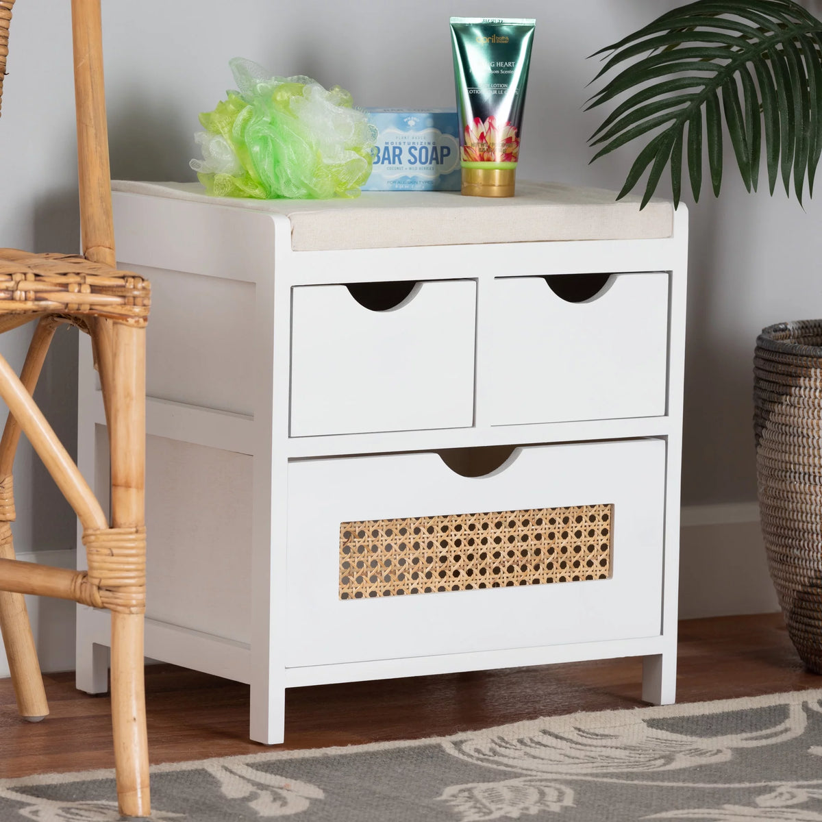 Light Beige Fabric White Wood 3-Drawer Storage Bench with Natural Rattan M8524