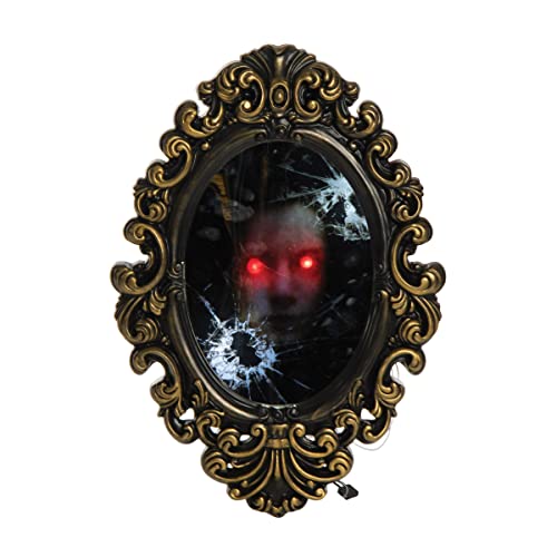 9" x 13" Broken Effect Mirror with Creepy Face Red Eyes Black Plastic Decoration S747
