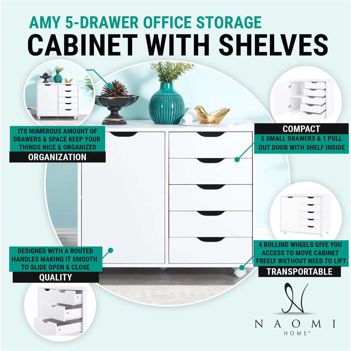 Black 5 Drawer File Cabinet with Wheels A535
