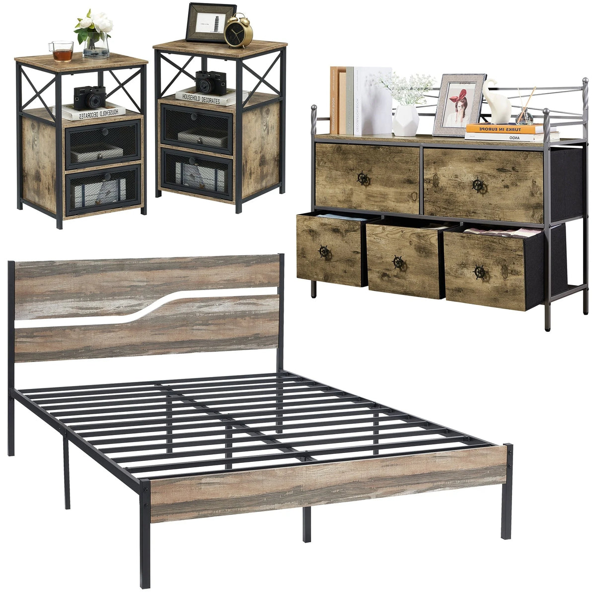 Grey 4 Piece Queen Bedroom Set with Bed Frame Dresser and Two Nightstands C79607