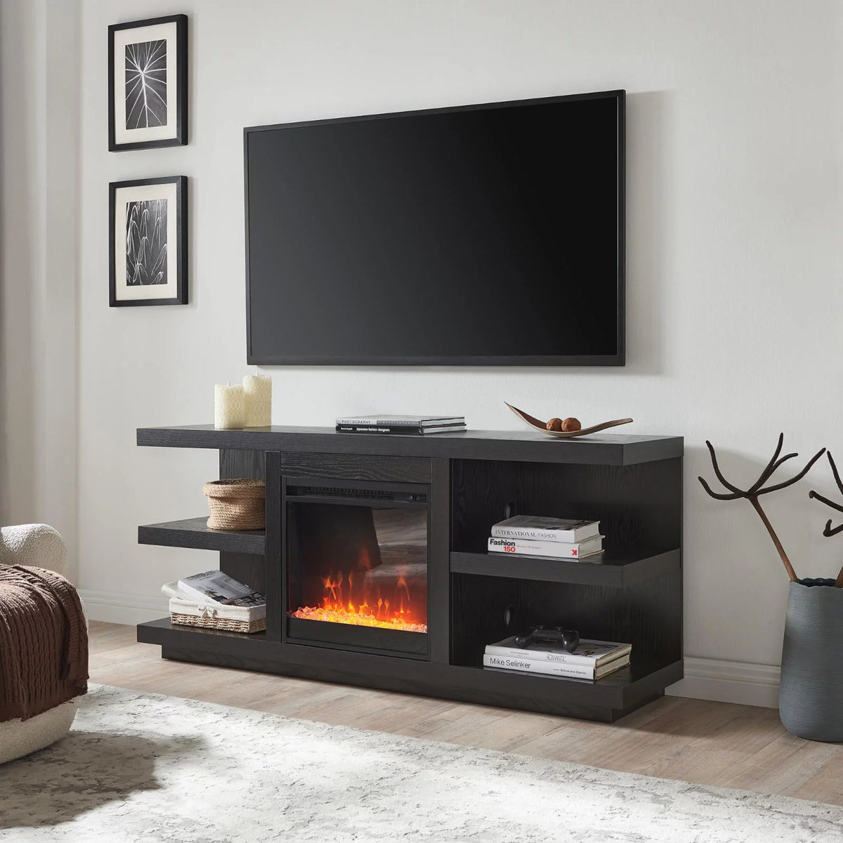 Charcoal Gray Rectangular TV Stand with Crystal Fireplace W421088