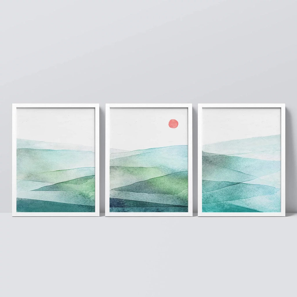 Framed Canvas Print Wall Art Set of 3 Green Blue Mountains S80184
