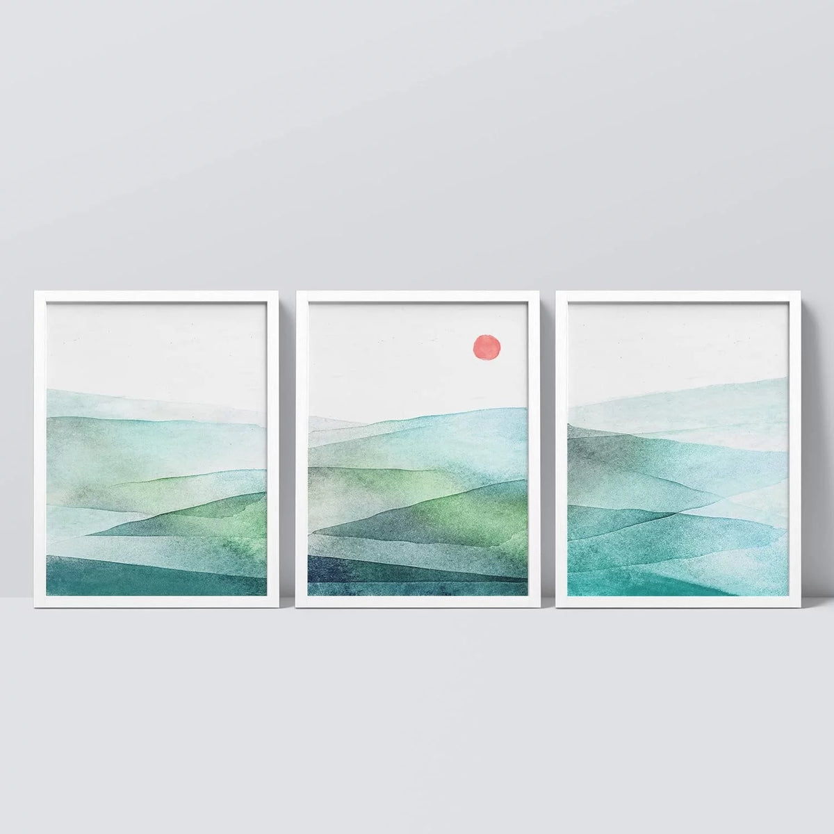 Framed Canvas Print Wall Art Set of 3 Green Blue Mountains S80184