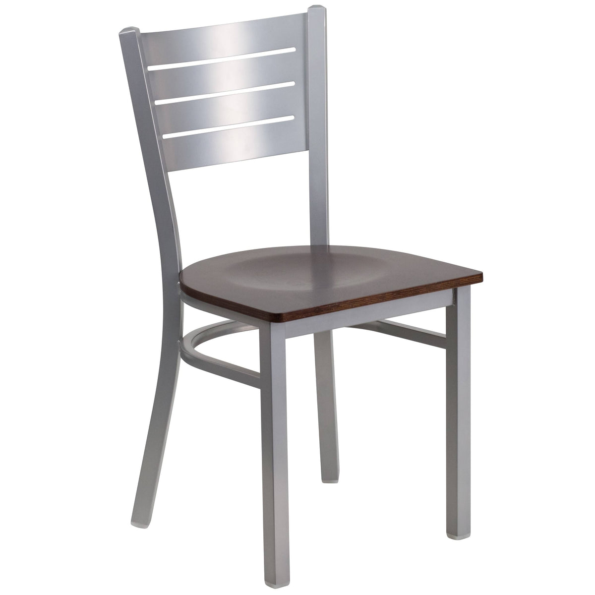 Silver Slat Back Metal Restaurant Chair Walnut Wood Seat I71451