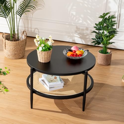 Black Set of 2 Round 2-Tier Side Table with Rattan Storage Y3850