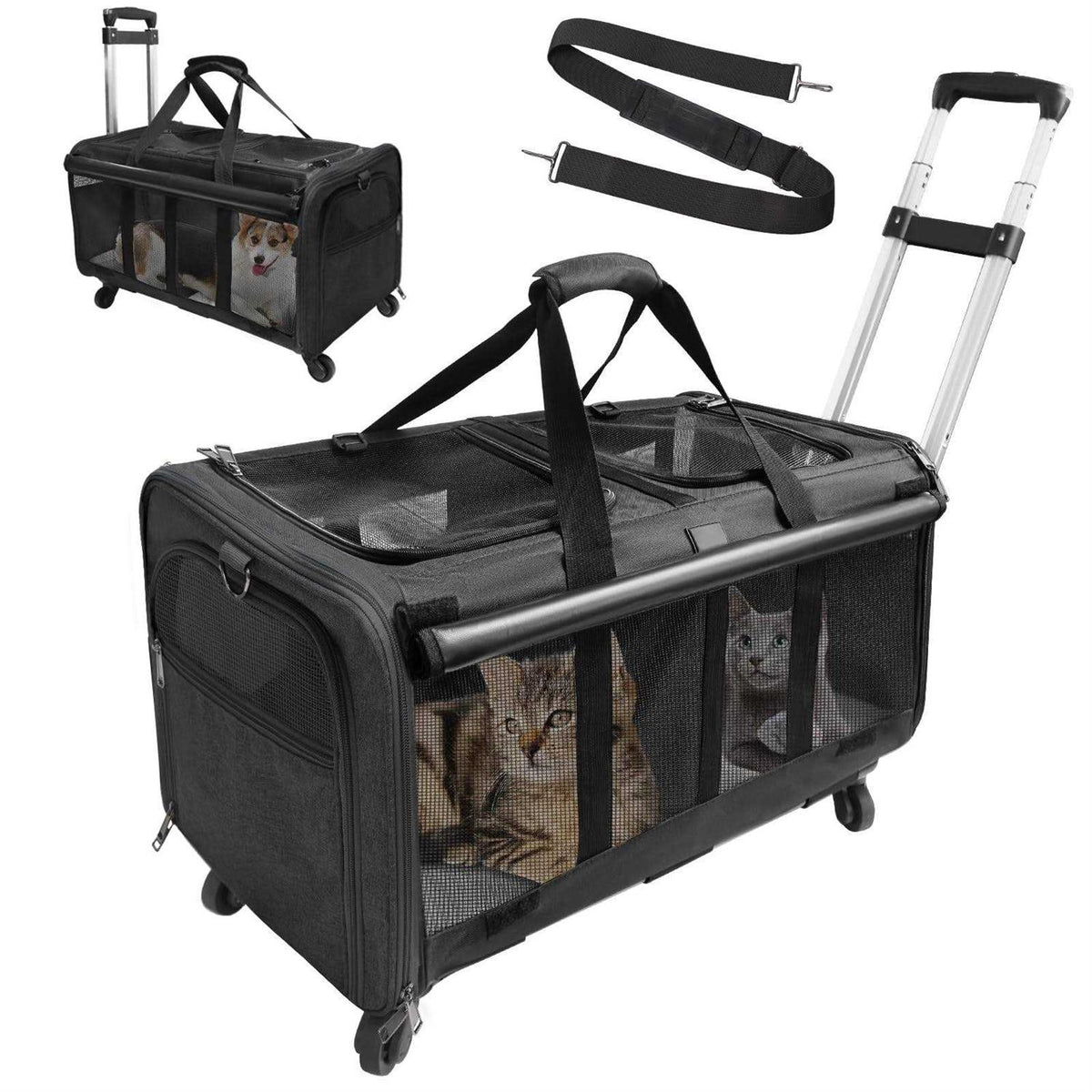 Double-Compartment Pet Rolling Carrier with Wheels P5422