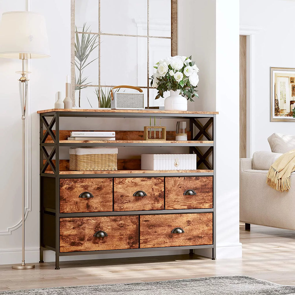Rustic Brown Dresser TV Stand with Fabric Drawers J263