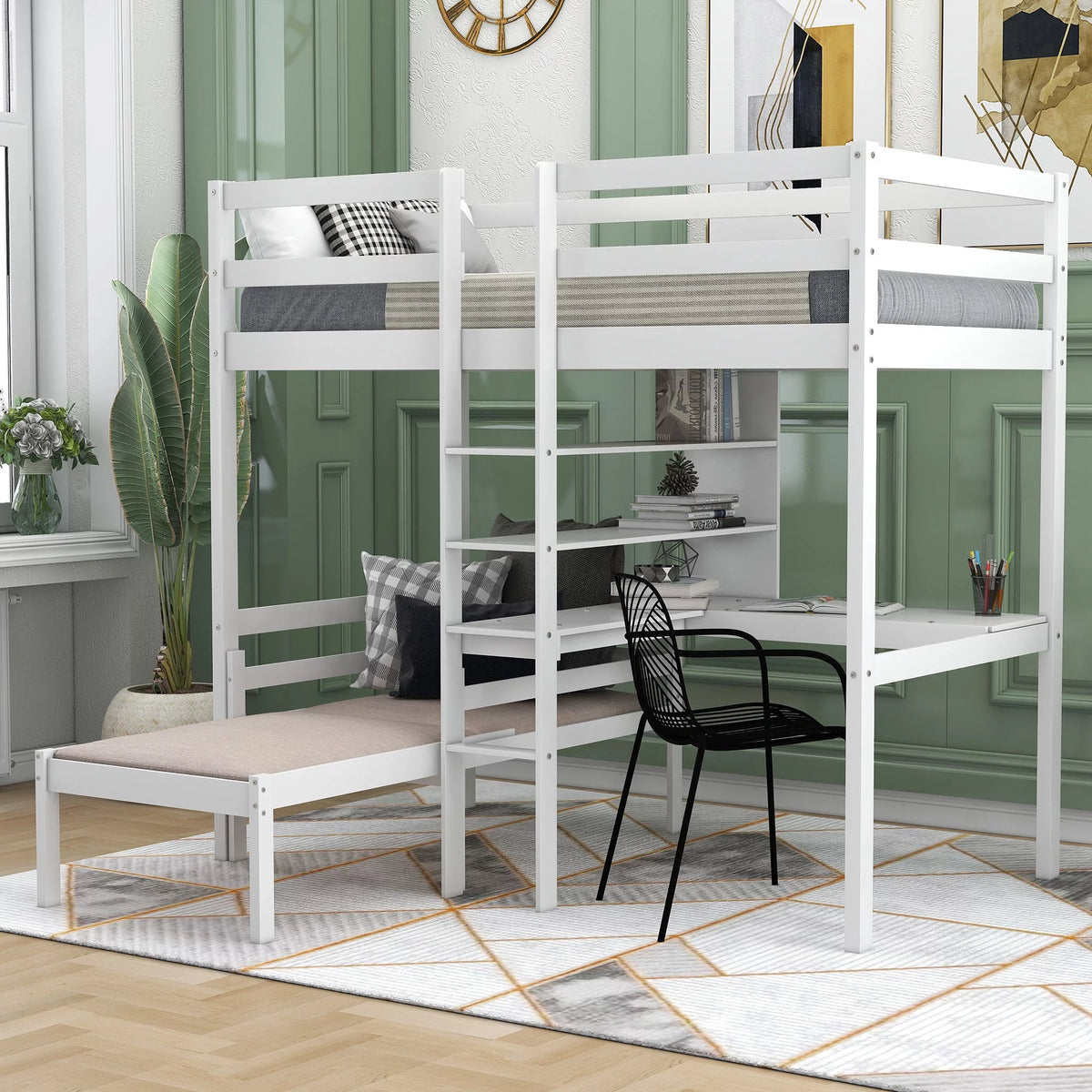 Twin Loft Bed with L-Shape Desk and Storage T9836