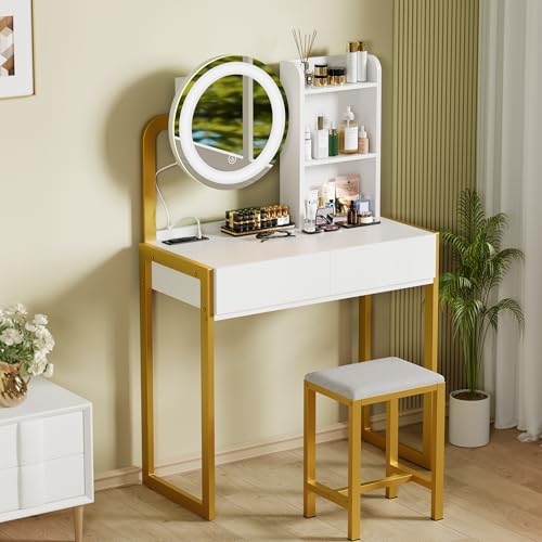 White Vanity Desk with Mirror and Lights M9604