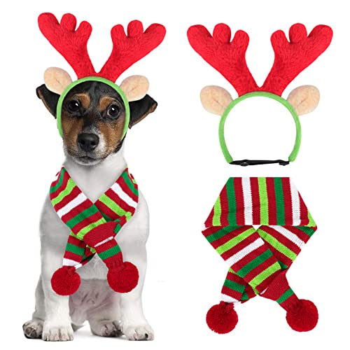 Dog Christmas Antlers Headband and Striped Scarf Set W352905