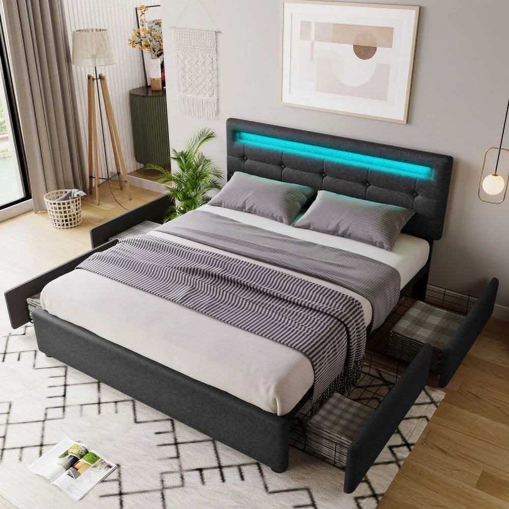 Queen Size Upholstered Platform Bed Frame with 4 Storage Drawers and LED Lights M74666