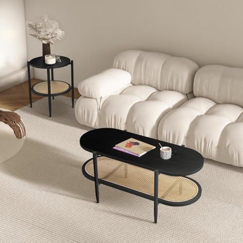 Black Set of 2 Round 2-Tier Side Table with Rattan Storage Y3850