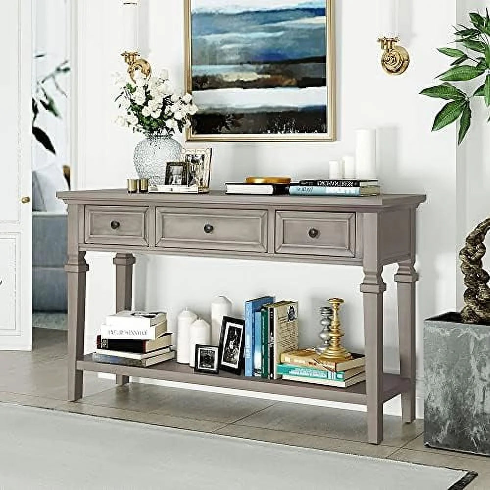 Small Entryway Console Table with 3 Drawers Pine Wood Frame T33577