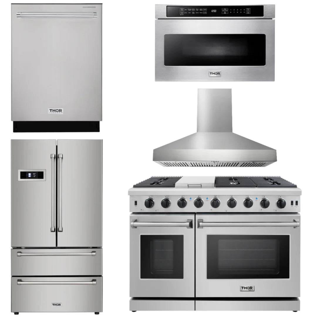 48 in. Propane Gas Range, Range Hood, Dishwasher, Refrigerator, Microwave Drawer D504