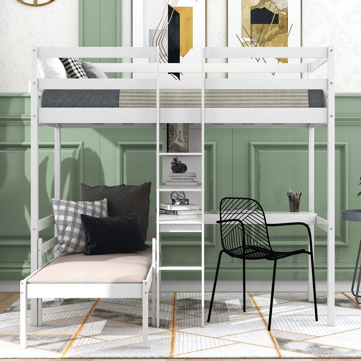 Twin Loft Bed with L-Shape Desk and Storage T9836