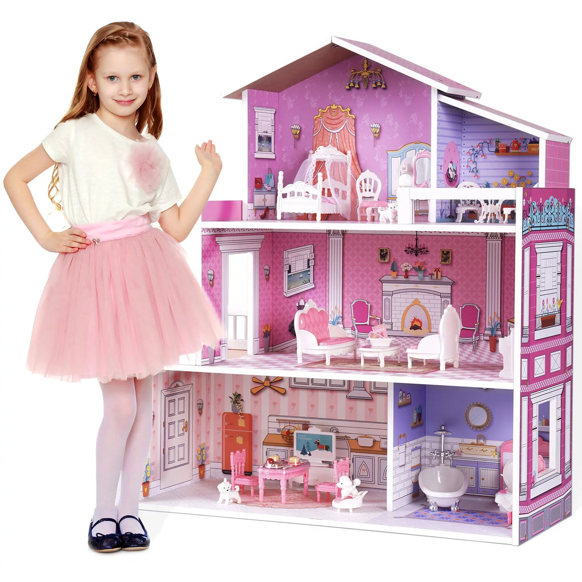 Wooden Dollhouse with 24pcs Furniture E620454