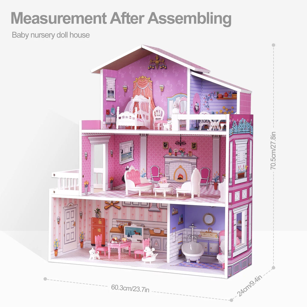 Wooden Dollhouse with 24pcs Furniture E620454