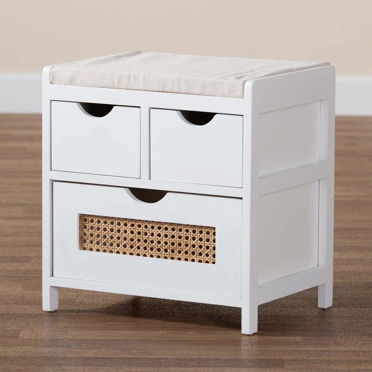 Light Beige Fabric White Wood 3-Drawer Storage Bench with Natural Rattan M8524