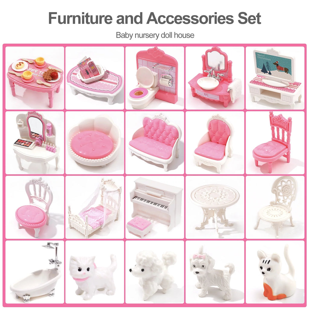 Wooden Dollhouse with 24pcs Furniture E620454