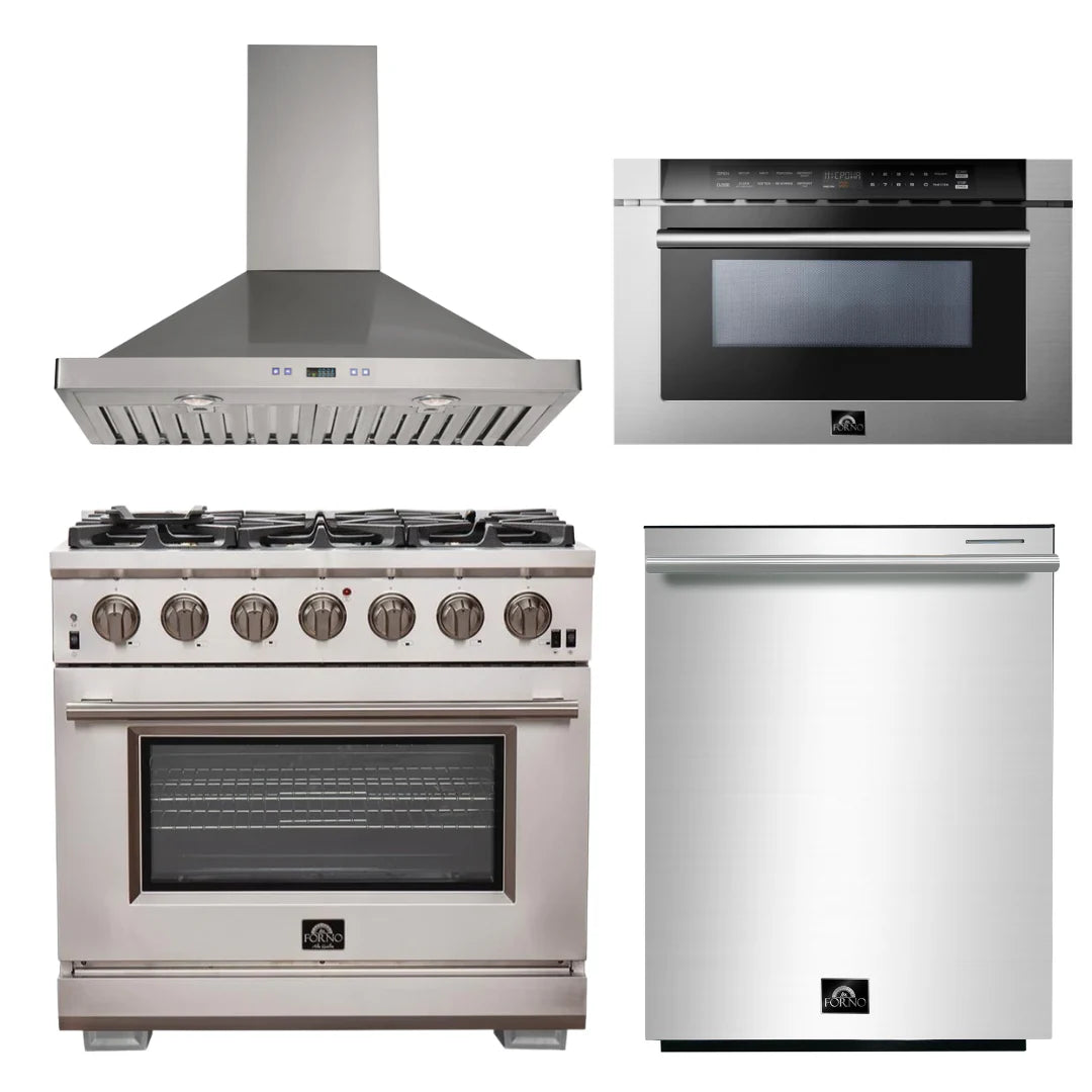 36 Inch Pro Gas Range, Wall Mount Range Hood, Microwave Drawer, Dishwasher O4975