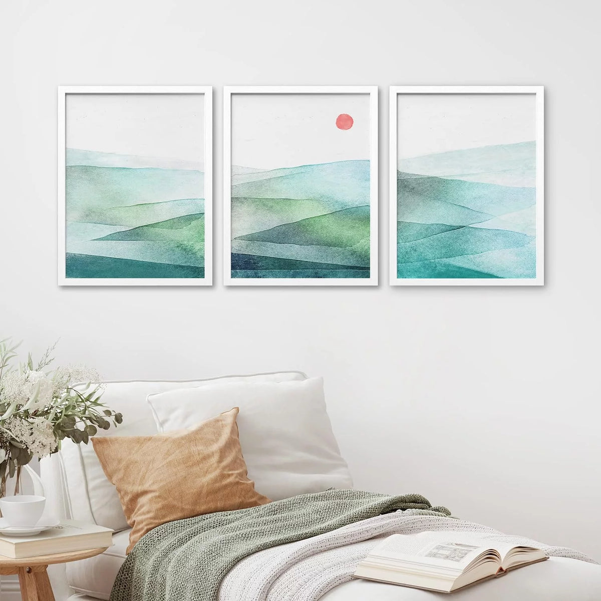 Framed Canvas Print Wall Art Set of 3 Green Blue Mountains S80184