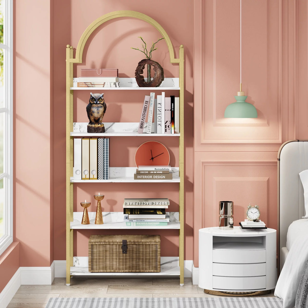 72.4 inch Tall Gold Metal 5 Shelf Arched Bookcase V4210