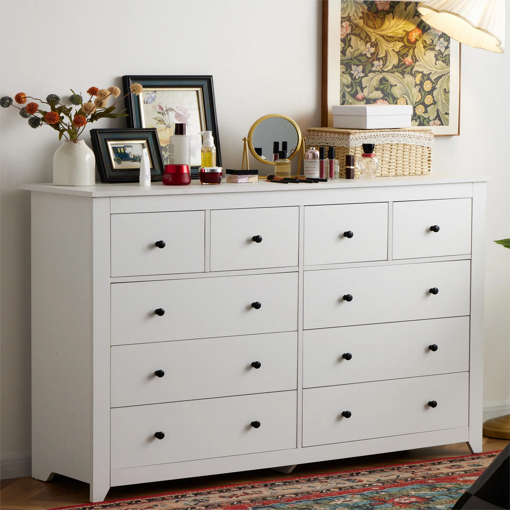 White Wood Dresser with 10 Deep Drawers B10727