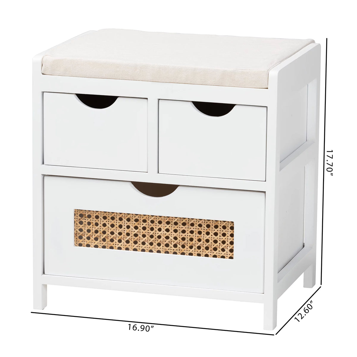 Light Beige Fabric White Wood 3-Drawer Storage Bench with Natural Rattan M8524