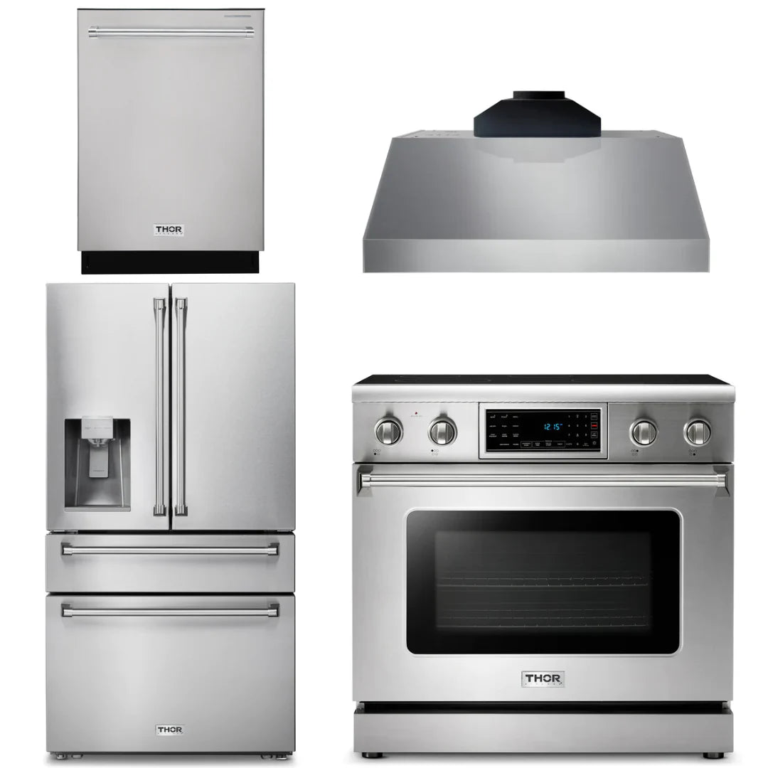 36 Electric Range, Range Hood, Refrigerator with Water and Ice Dispenser, Dishwasher V50362