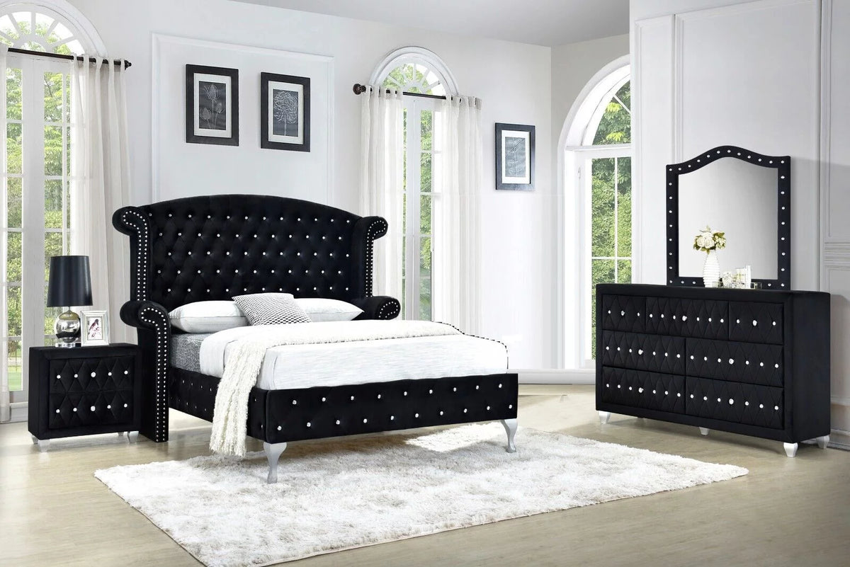 Black Velvet 5Pc King Size Bed Dresser Mirror Nightstand Set Y16288