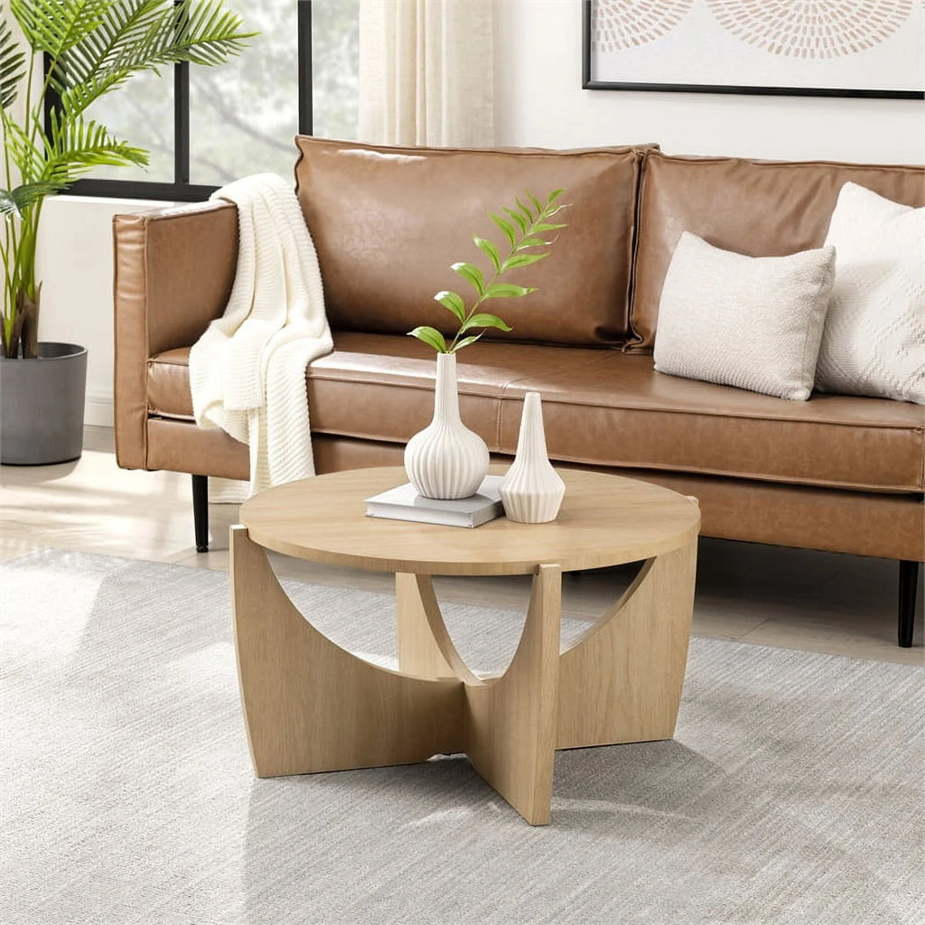 28" Wood Round Coffee Table with Crossed Arch Base P64035