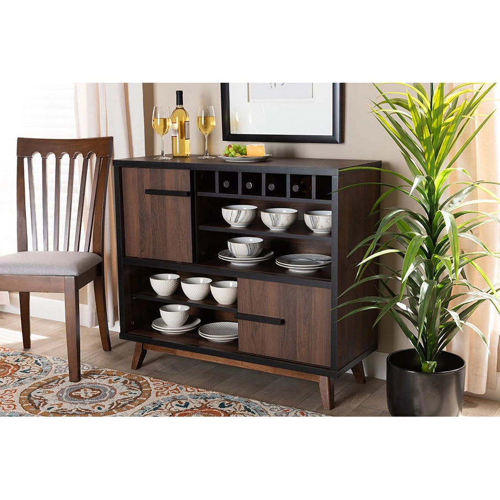 Walnut Brown and Black Wood Wine Storage Cabinet W681
