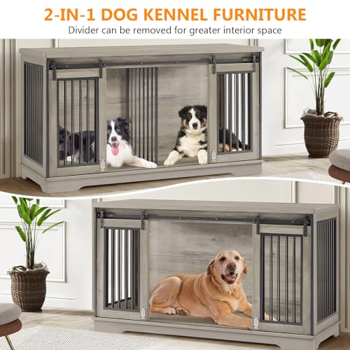 Grey 60.6 Inch Double Dog Crate Furniture with Divider R11027