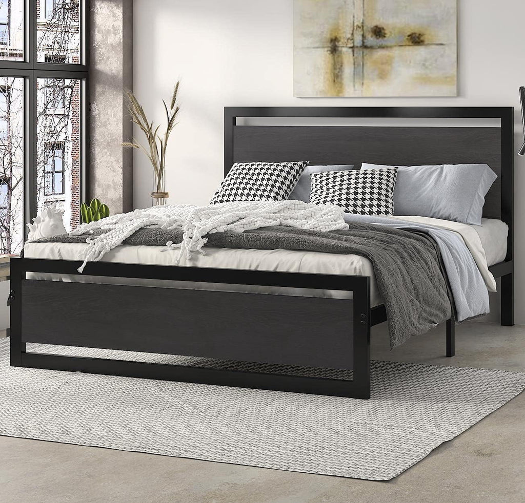 Brown Queen Size Metal Platform Bed Frame with Wooden Headboard U9235