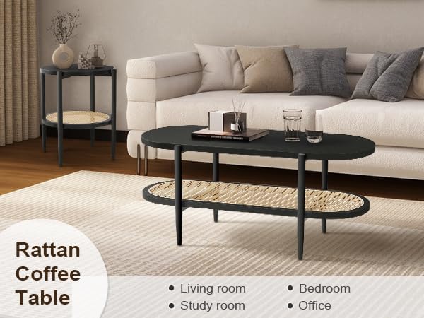 Black Set of 2 Round 2-Tier Side Table with Rattan Storage Y3850