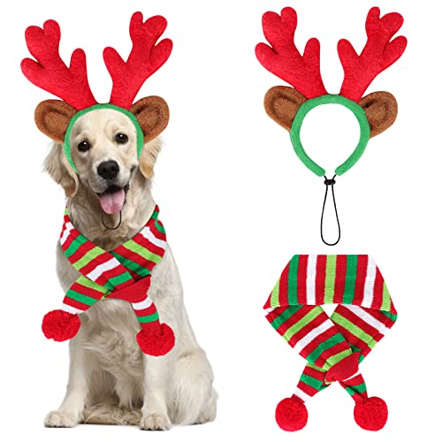 Dog Christmas Antlers Headband and Striped Scarf Set W352905