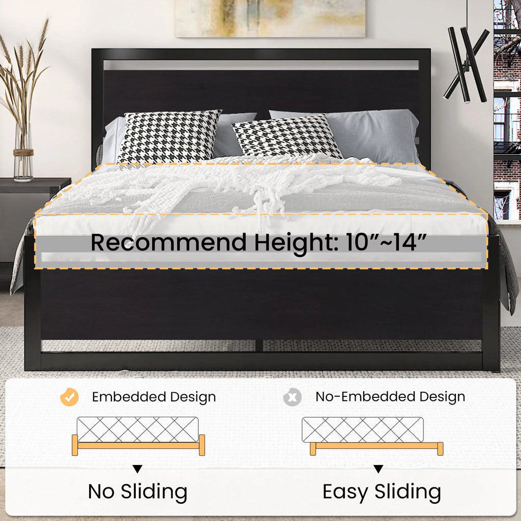 Brown Queen Size Metal Platform Bed Frame with Wooden Headboard U9235