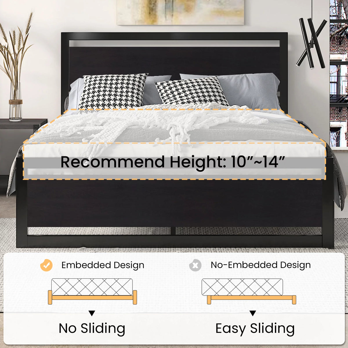 Brown Queen Size Metal Platform Bed Frame with Wooden Headboard U9235