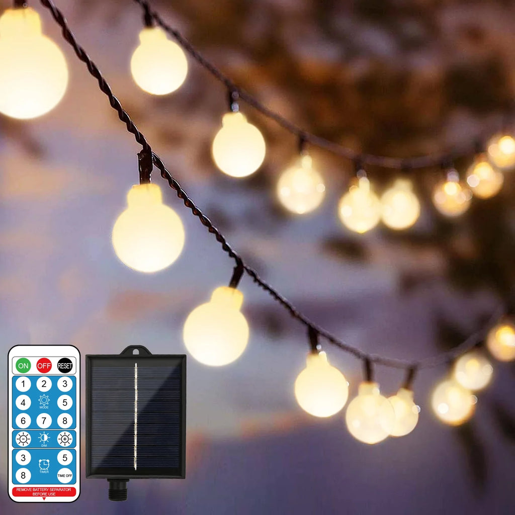 Solar-Powered Globe String Lights 39 ft 100 LED with Remote Control, 8 Modes, Waterproof Warm White M150
