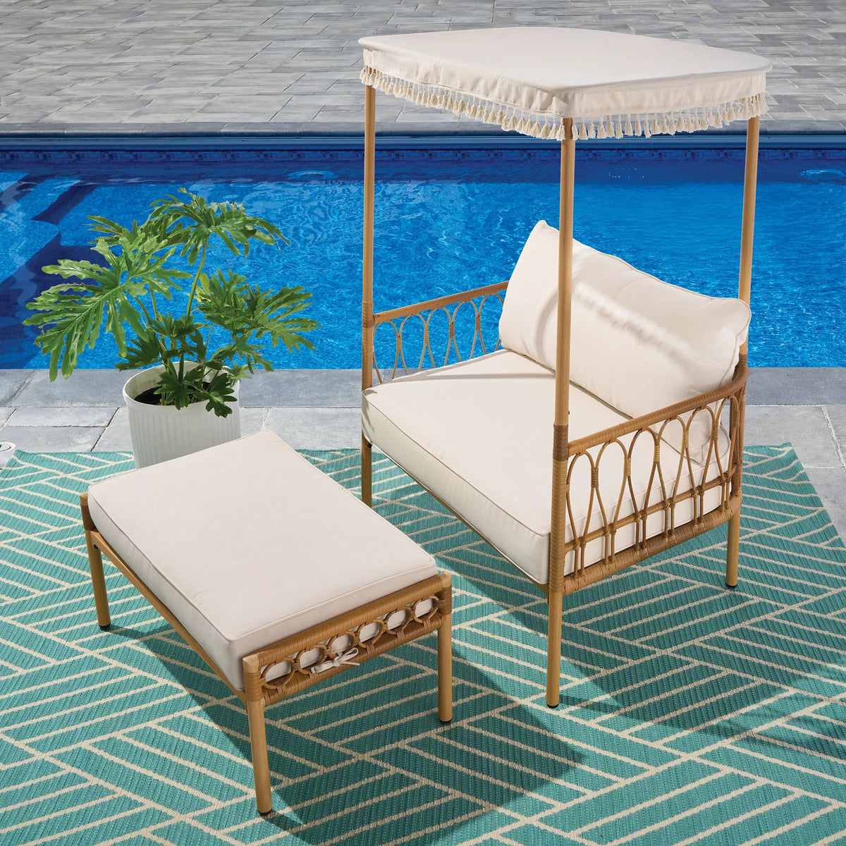 2 Piece Beige All-Weather Wicker Outdoor Canopy Chair and Ottoman Set C181