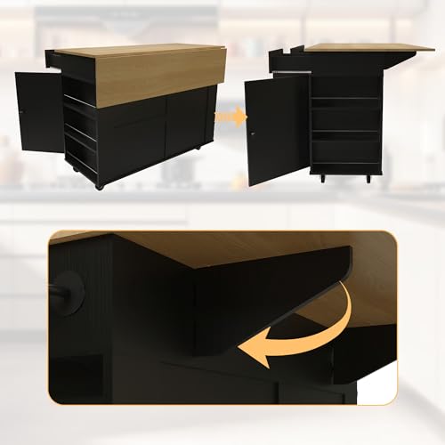 Rolling Kitchen Island Cart with Power Outlet & Drop Leaf, 3 Drawers, Black O521