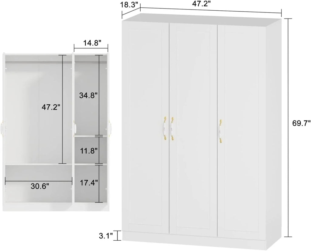 White 3 Door Wardrobe Closet with Shelves K106789